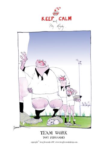 Team Work by Tony Fernandes - England Test Rugby Cartoon signed print